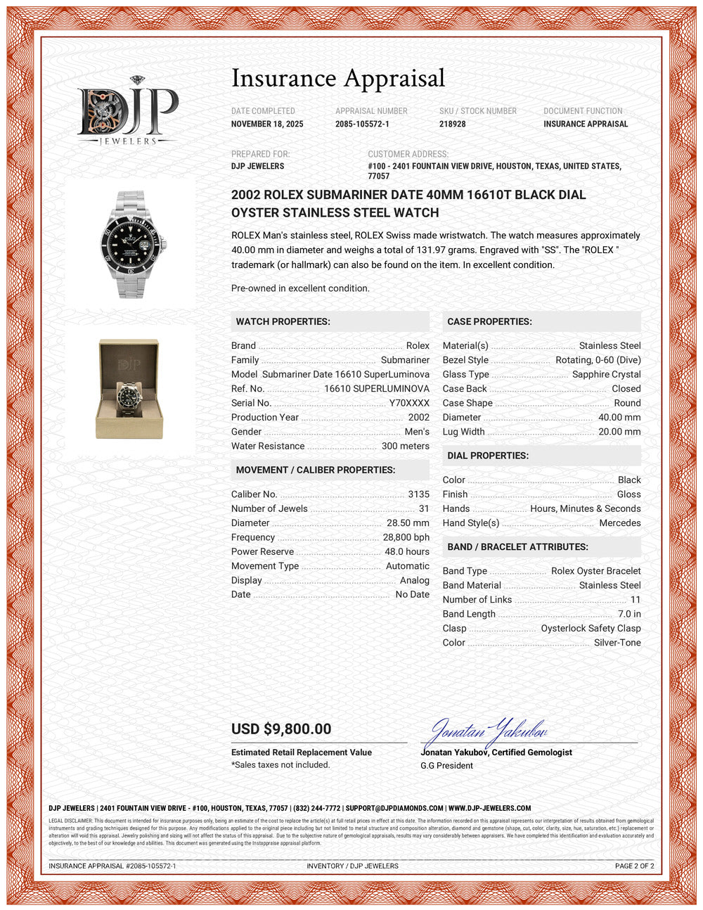 2002 Rolex Submariner Date 40MM 16610T Black Dial Oyster Stainless Steel Watch