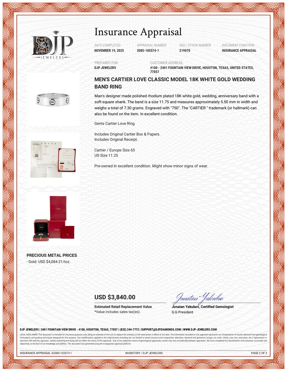 Men’s Cartier Love Classic Model 18K White Gold Wedding Band Ring