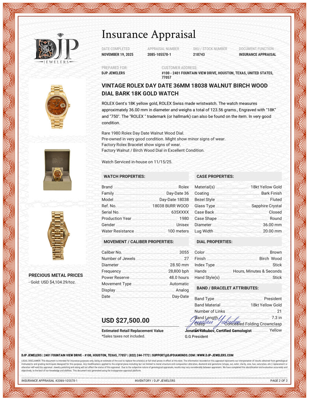 Vintage Rolex Day Date 36MM 18038 Walnut Birch Wood Dial Bark 18K Gold Watch