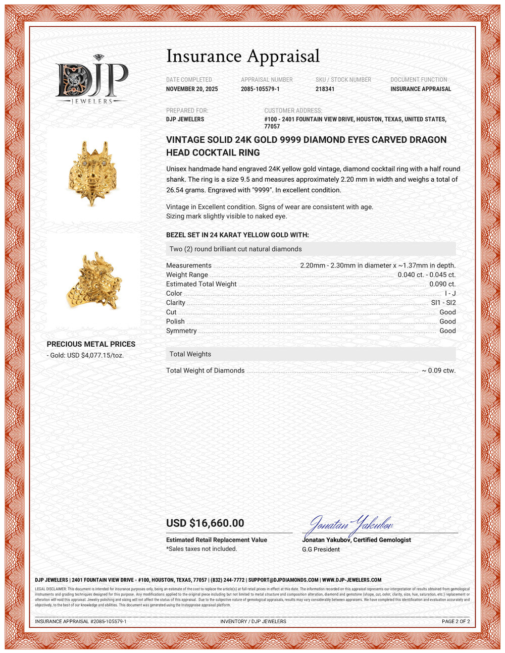 Vintage Solid 24K Gold 9999 Diamond Eyes Carved Dragon Head Cocktail Ring