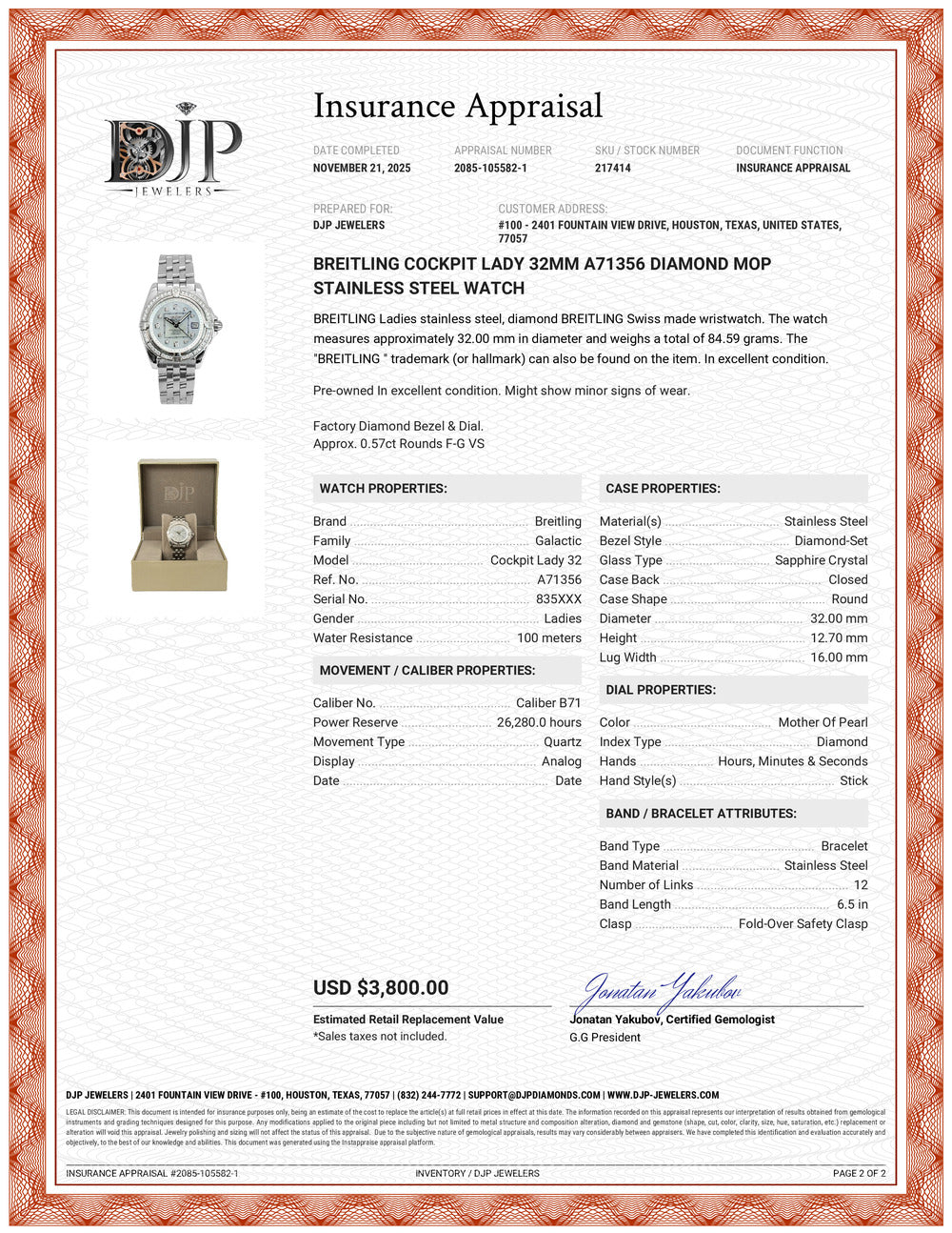 Breitling Cockpit Lady 32MM A71356 Diamond Mop Stainless Steel Watch