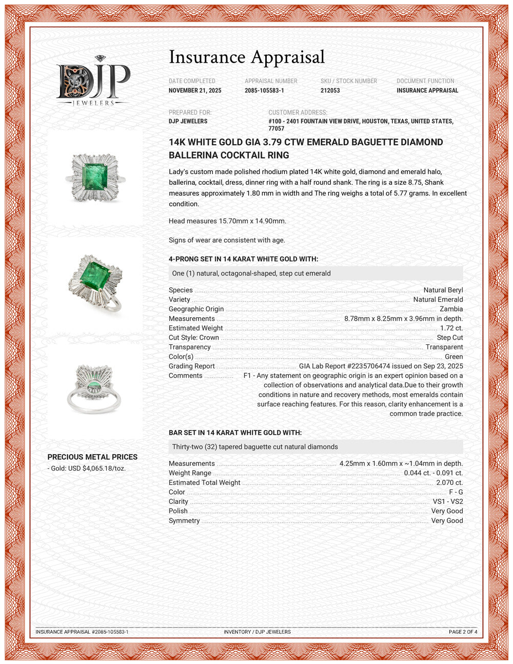 14K White Gold GIA 3.79 Ctw Emerald Baguette Diamond Ballerina Cocktail Ring