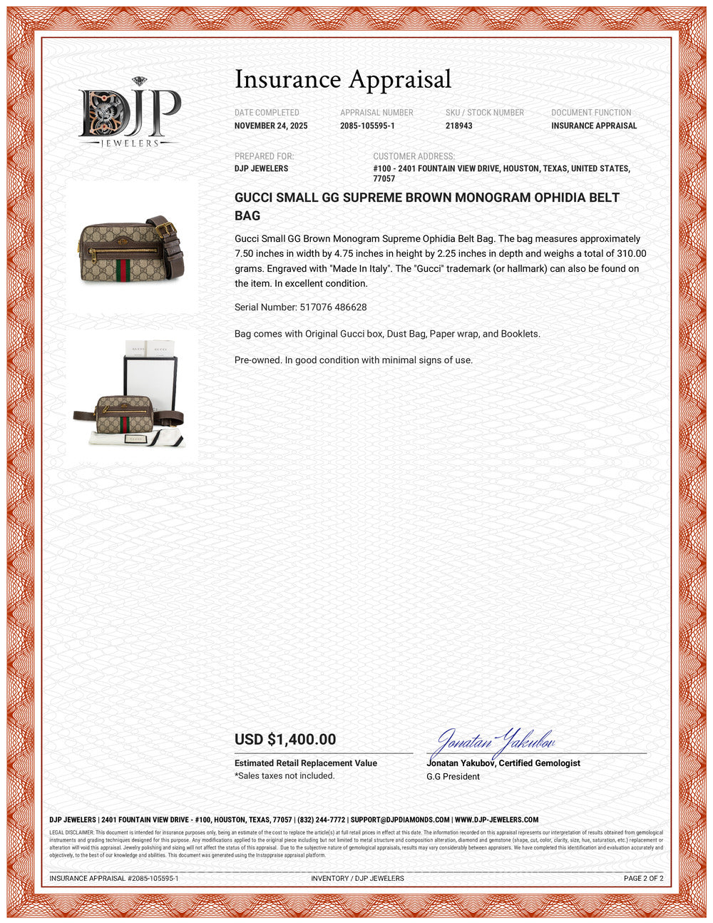 Gucci Small GG Supreme Brown Monogram Ophidia Belt Bag