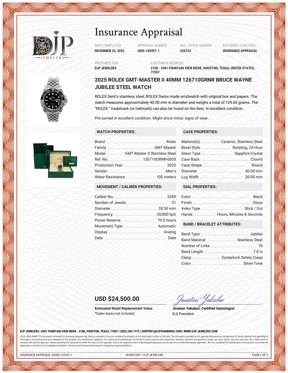 2025 Rolex Gmt-Master II 40MM 126710GRNR Bruce Wayne Jubilee Steel Watch