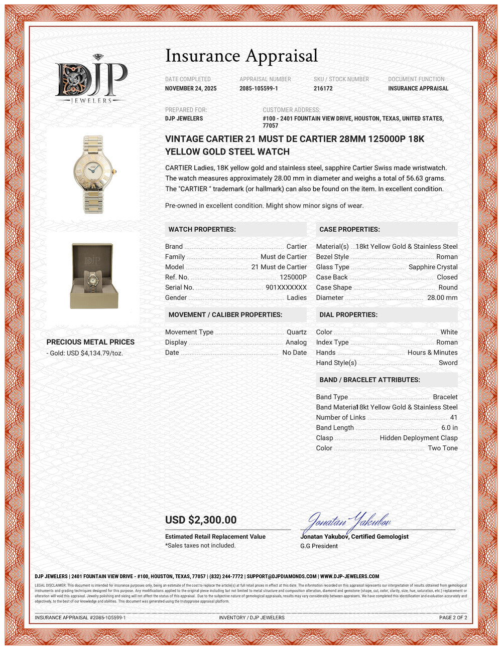 Ladies Vintage Cartier 21 Must de 28MM 125000P 18K Yellow Gold Steel Watch