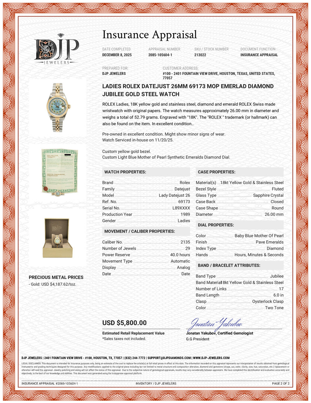 Ladies Rolex Datejust 26MM 69173 Mop Emerlad Diamond Jubilee Gold Steel Watch