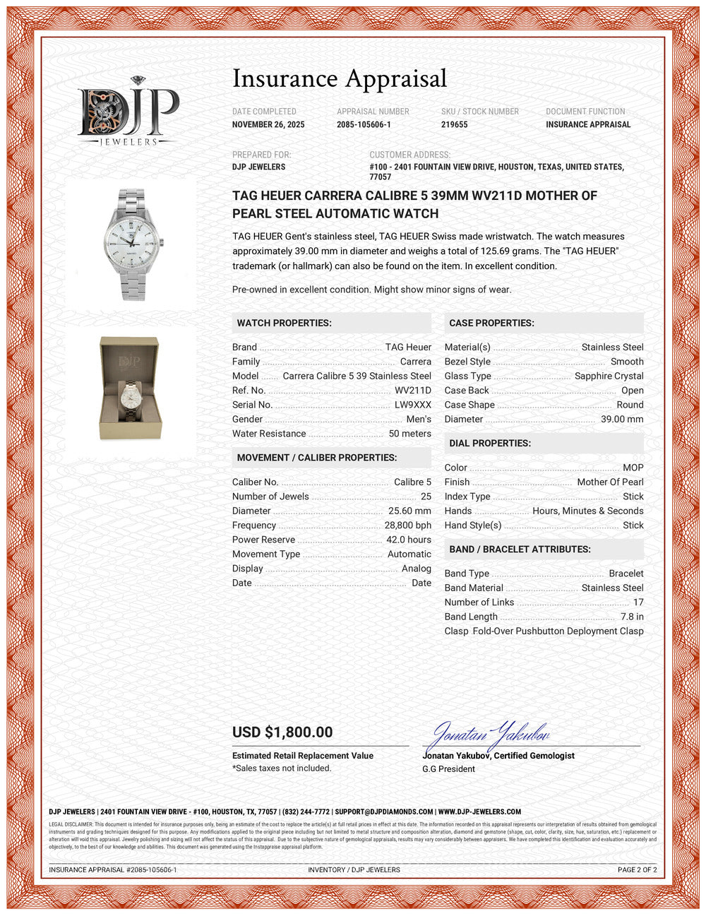 Tag Heuer Carrera Calibre 5 39MM wv211d Mother of Pearl Steel Automatic Watch