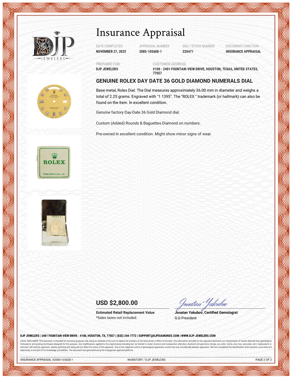 Genuine Rolex Day Date 36 Gold Diamond Numerals Dial