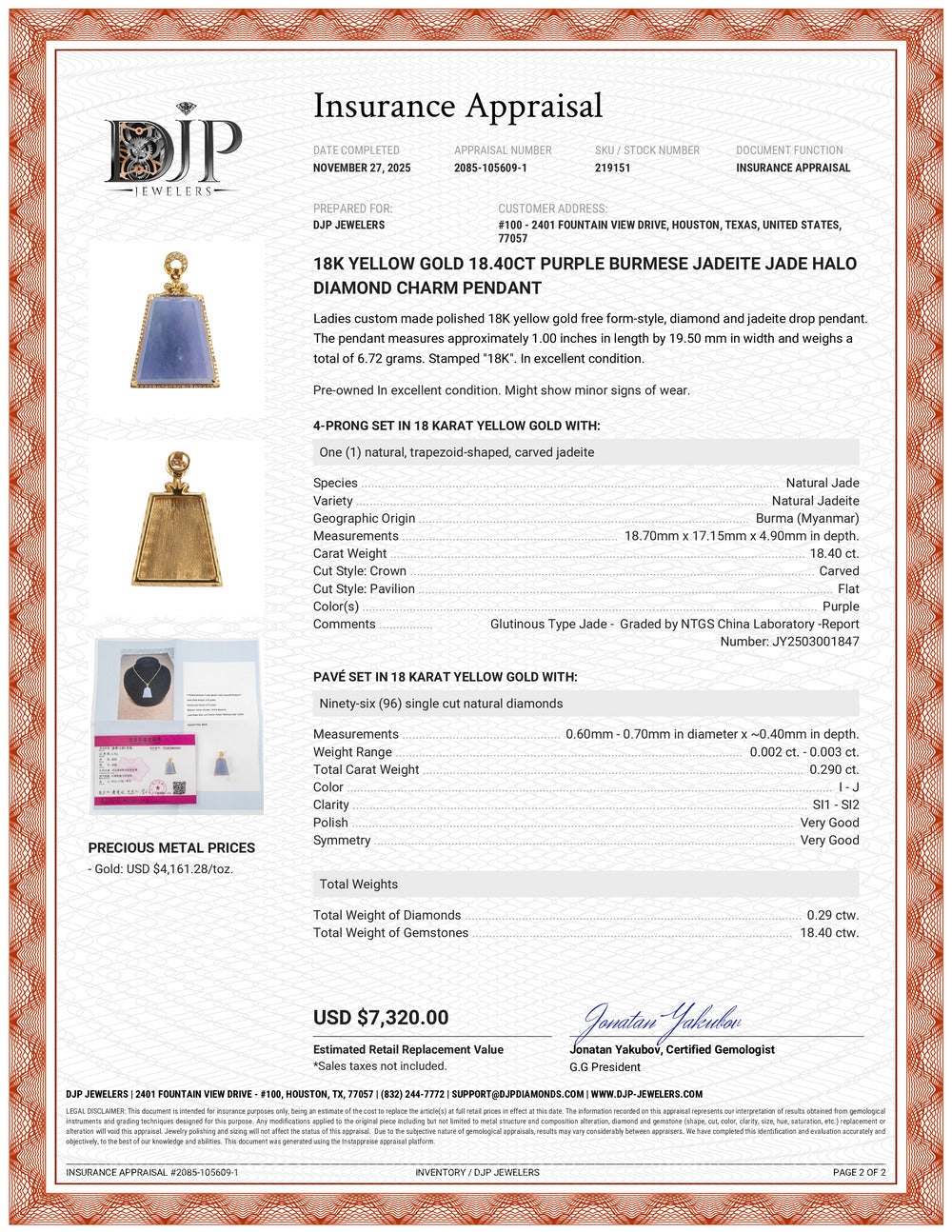 18K Yellow Gold 18.40ct Purple Burmese Jadeite Jade Halo Diamond Charm Pendant