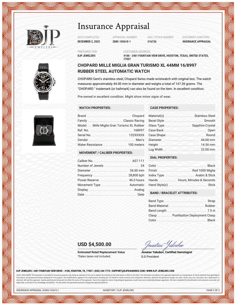 Chopard Mille Miglia Gran Turismo XL 44MM 16/8997 Rubber Steel Automatic Watch