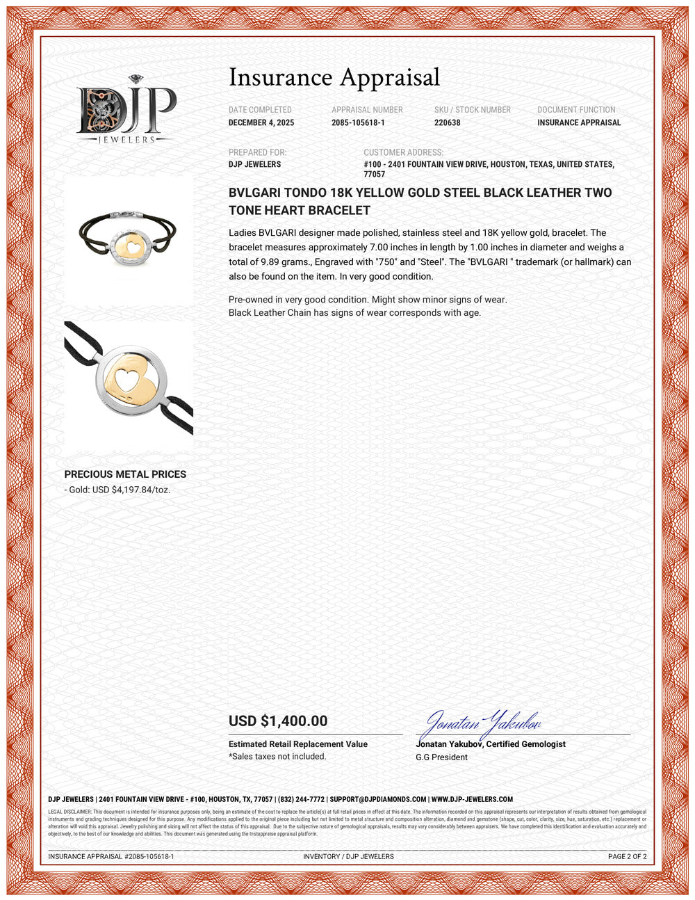 Bvlgari Tondo 18K Yellow Gold Steel Black Leather Two Tone Heart Bracelet