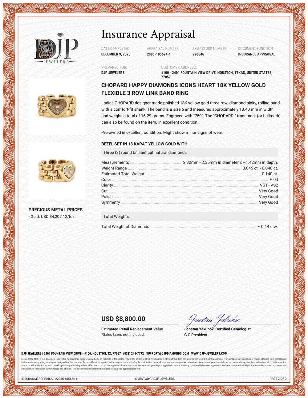 Chopard Happy Diamonds Icons Heart 18K Yellow Gold Flexible 3 Row Link Band Ring