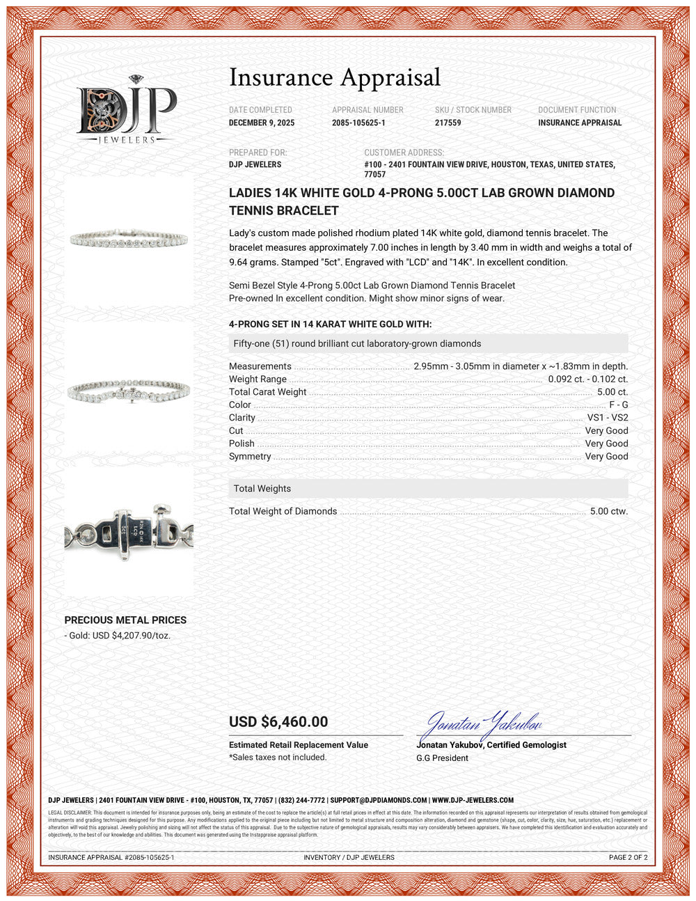 Ladies 14K White Gold 4-Prong 5.00ct Lab Grown Diamond Tennis Bracelet