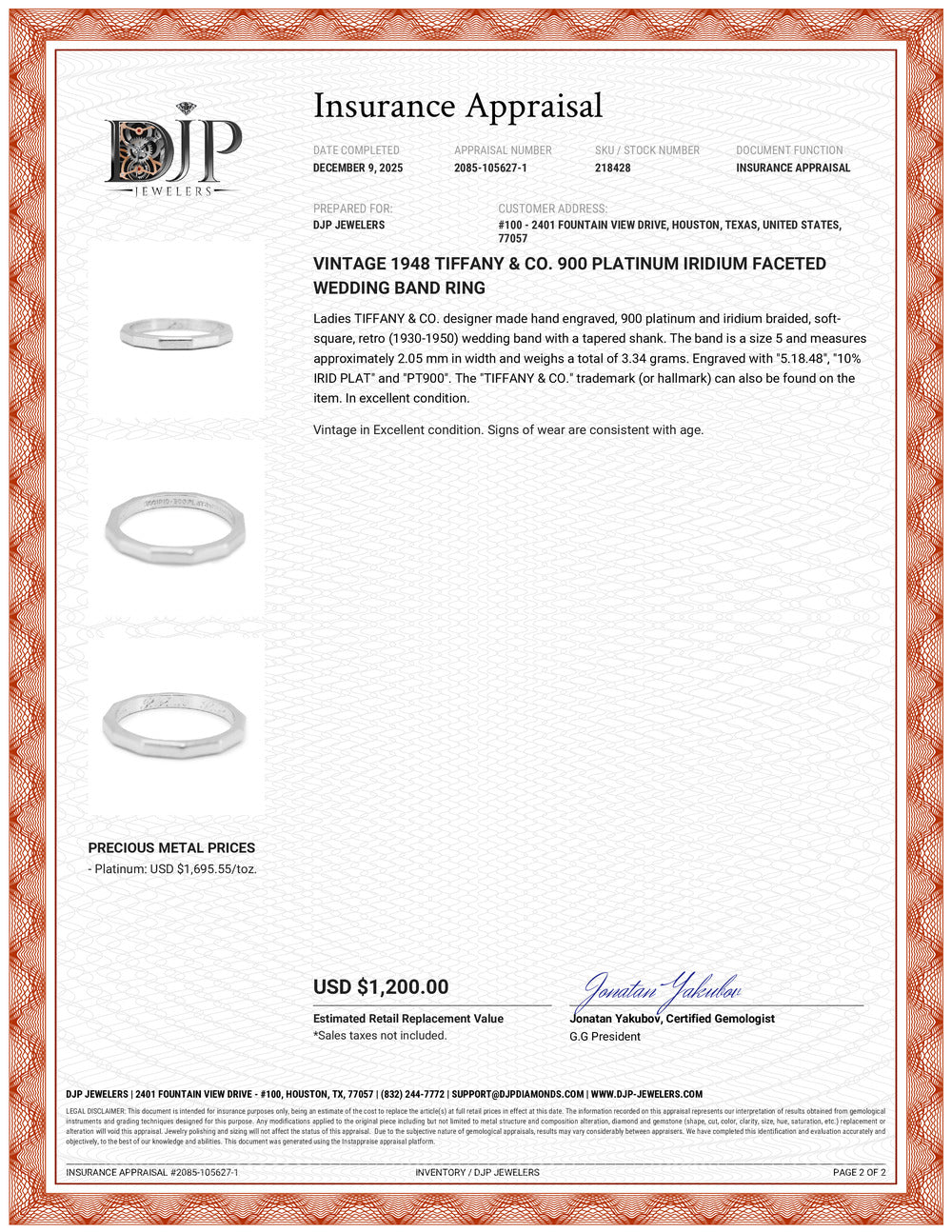 Vintage 1948 Tiffany & Co. 900 Platinum Iridium Faceted Wedding Band Ring