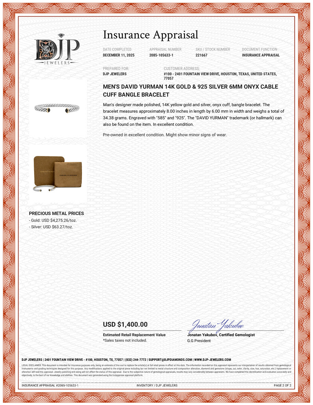 Men’s David Yurman 14K Gold & 925 Silver 6MM Onyx Cable Cuff Bangle Bracelet