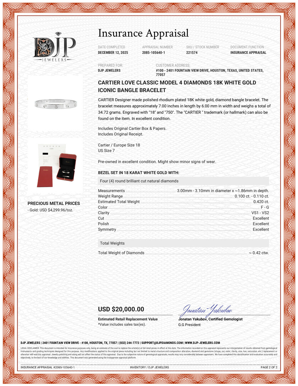 Cartier Love Classic Model 4 Diamonds 18K White Gold Iconic Bangle Bracelet