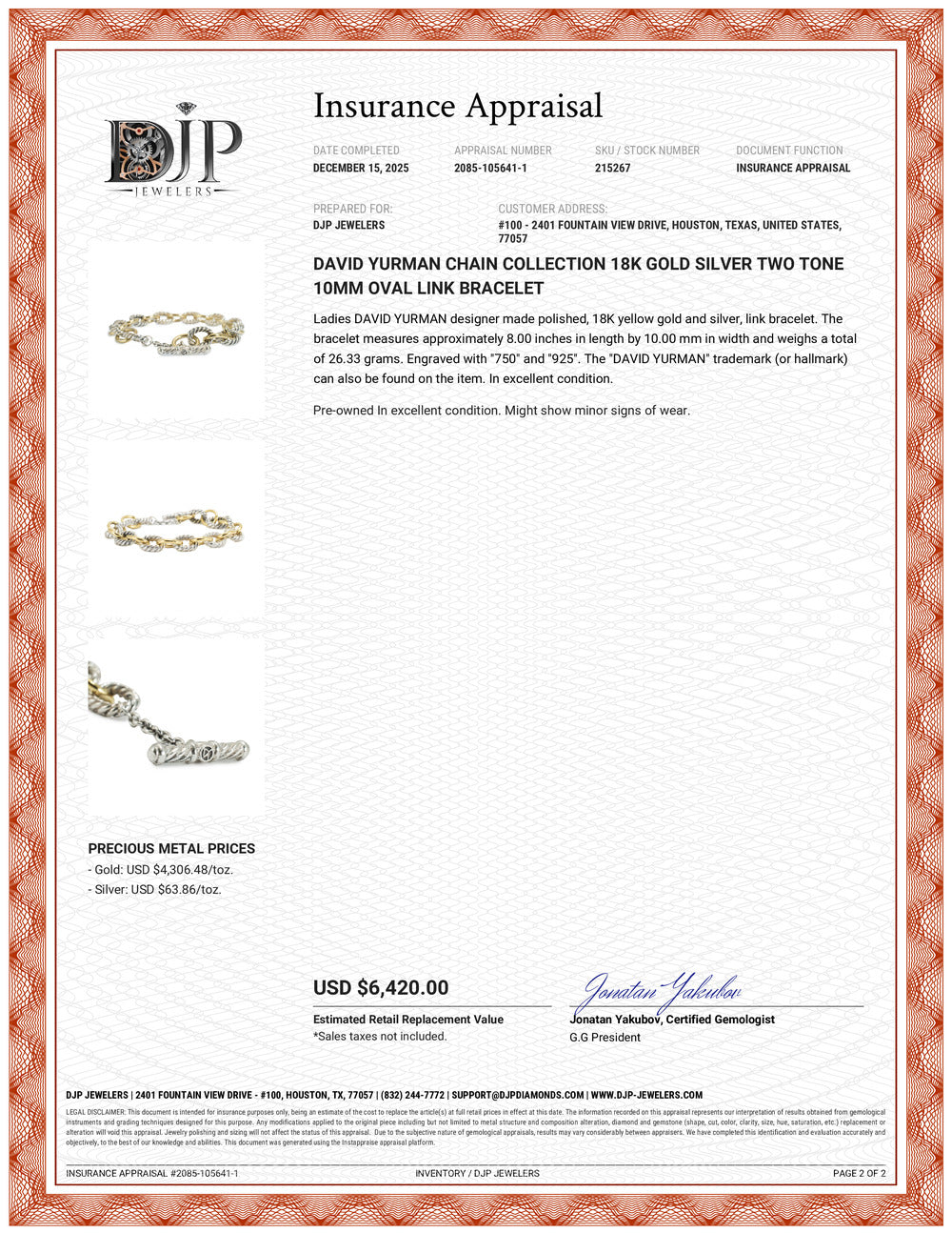 David Yurman Chain Collection 18K Gold Silver Two Tone 10MM Oval Link Bracelet