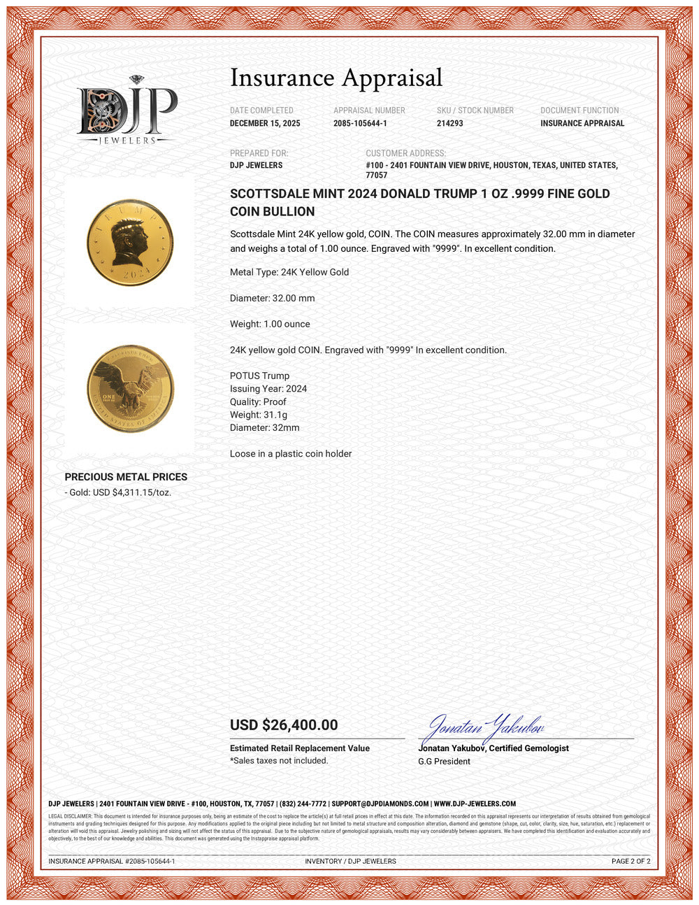 Scottsdale Mint 2024 Donald Trump 1 Oz .9999 Fine Gold Coin Bullion