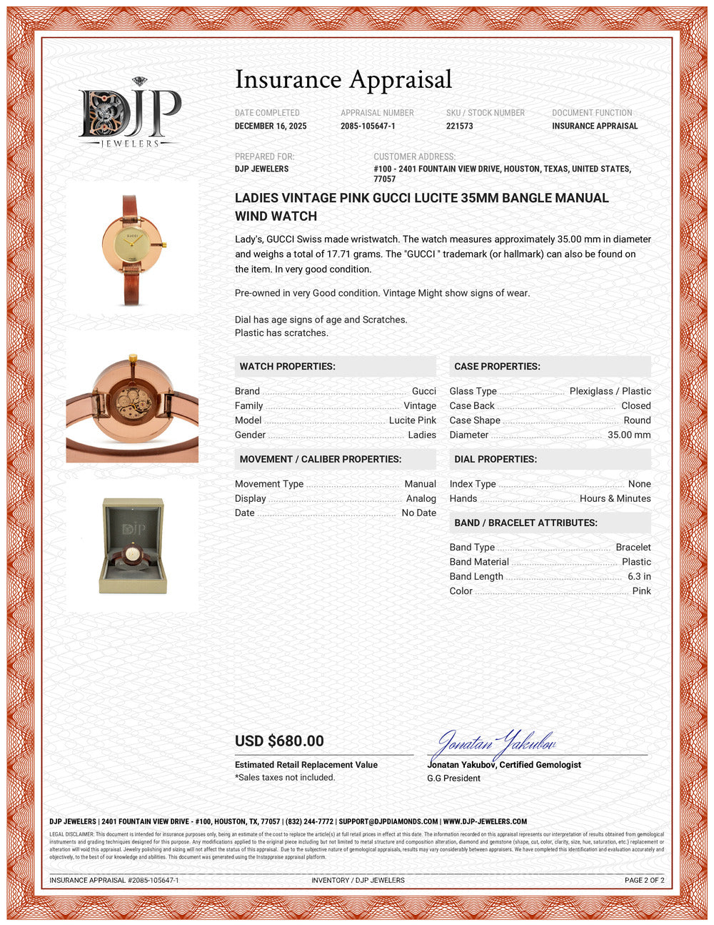 Ladies Vintage Pink Gucci Lucite 35MM Bangle Manual Wind Watch