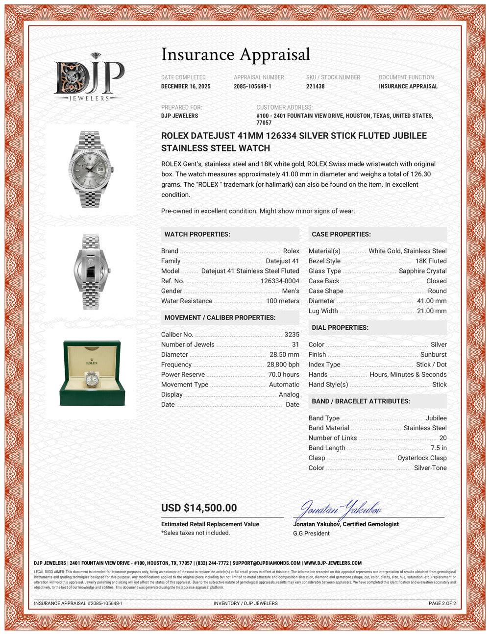 Rolex Datejust 41MM 126334 Silver Stick Fluted Jubilee Stainless Steel Watch