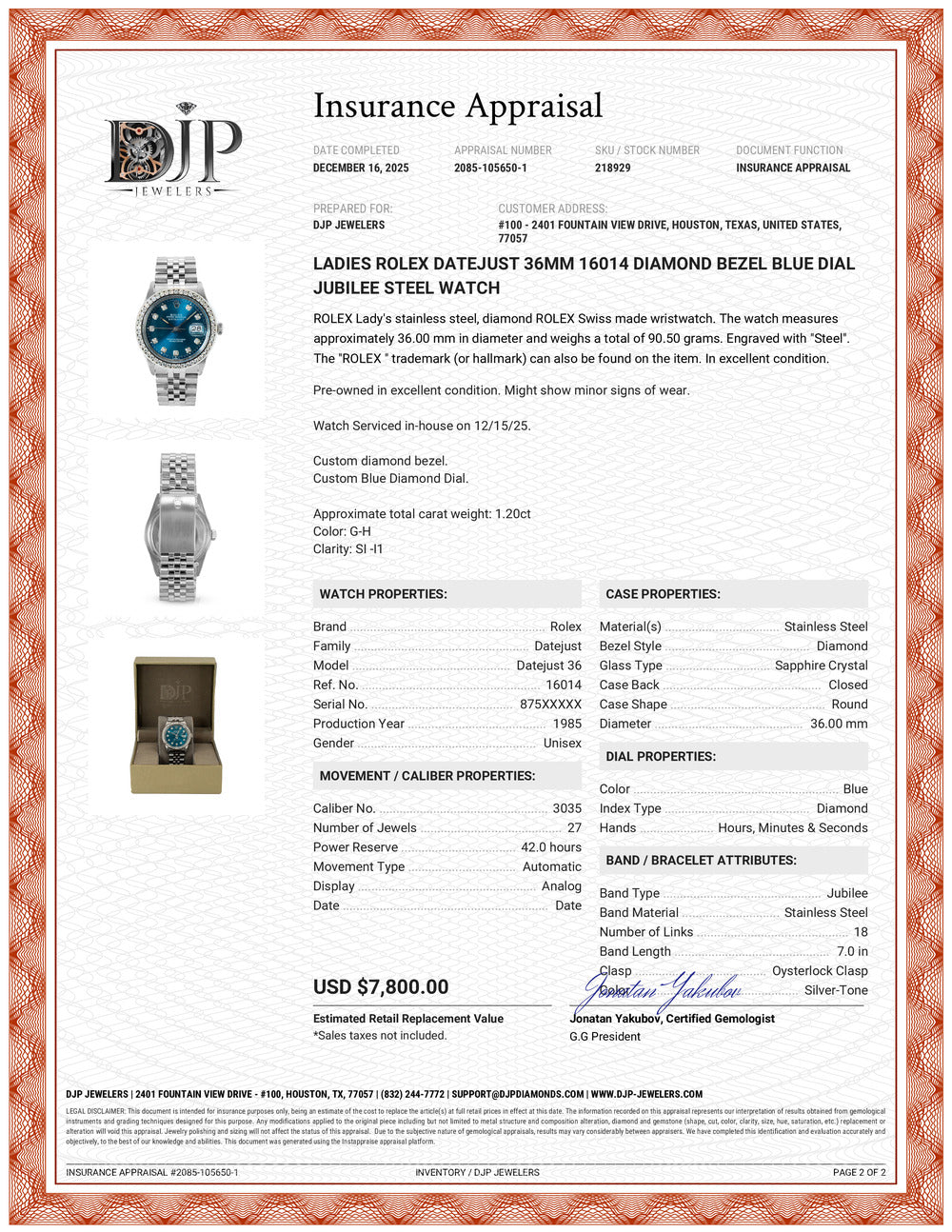 Ladies Rolex Datejust 36MM 16014 Diamond Bezel Blue Dial Jubilee Steel Watch