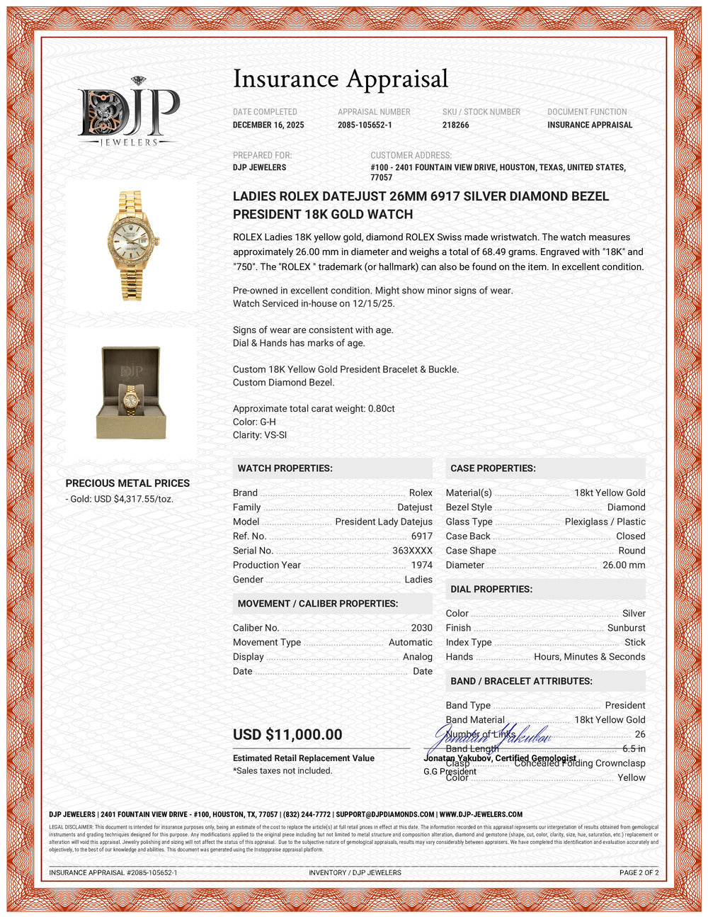 Ladies Rolex Datejust 26MM 6917 Silver Diamond Bezel President 18K Gold Watch