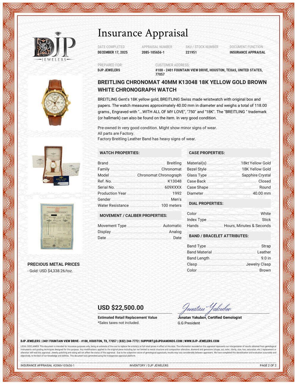 Breitling Chronomat 40MM K13048 18K Yellow Gold Brown White Chronograph Watch