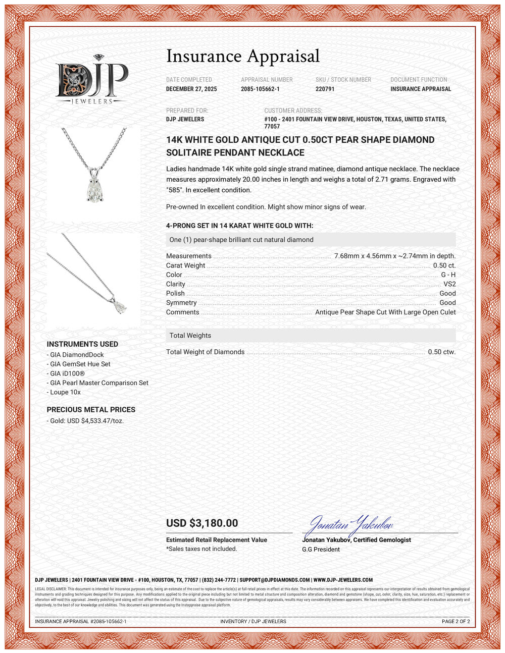 14K White Gold Antique Cut 0.50ct Pear Shape Diamond Solitaire Pendant Necklace