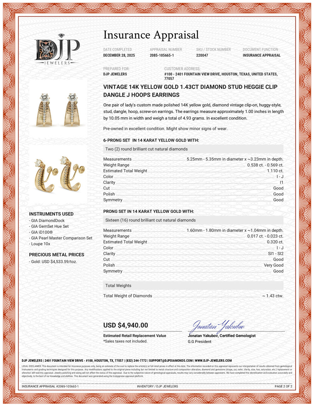 Vintage 14K Yellow Gold 1.43ct Diamond Stud Heggie Clip Dangle J Hoops Earrings