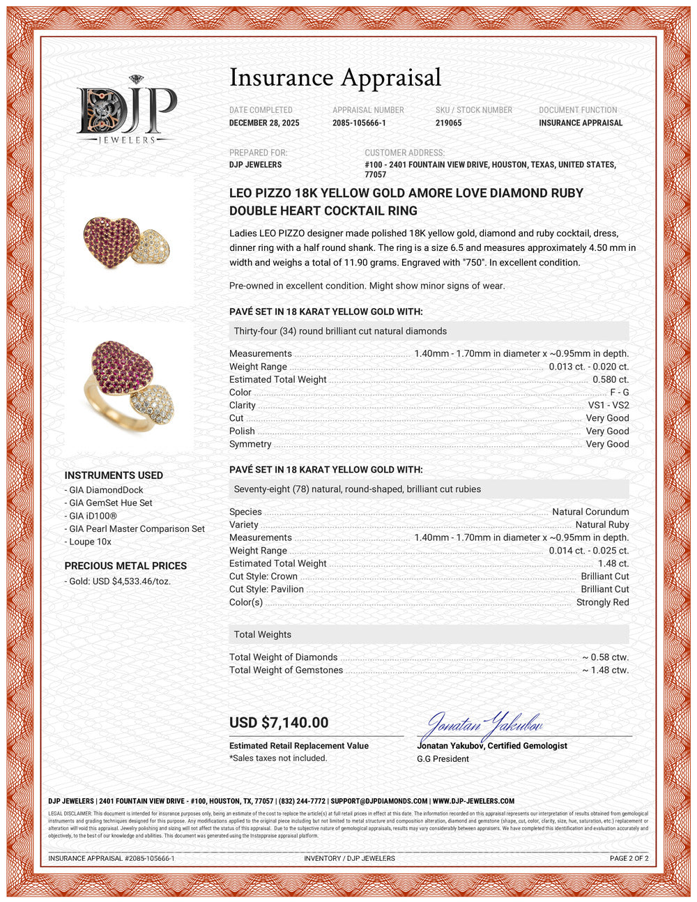Leo Pizzo 18K Yellow Gold Amore Love Diamond Ruby Double Heart Cocktail Ring