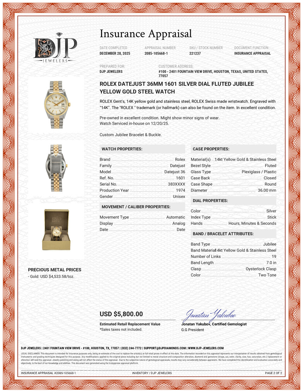 Rolex Datejust 36MM 1601 Silver Dial Fluted Jubilee Yellow Gold Steel Watch