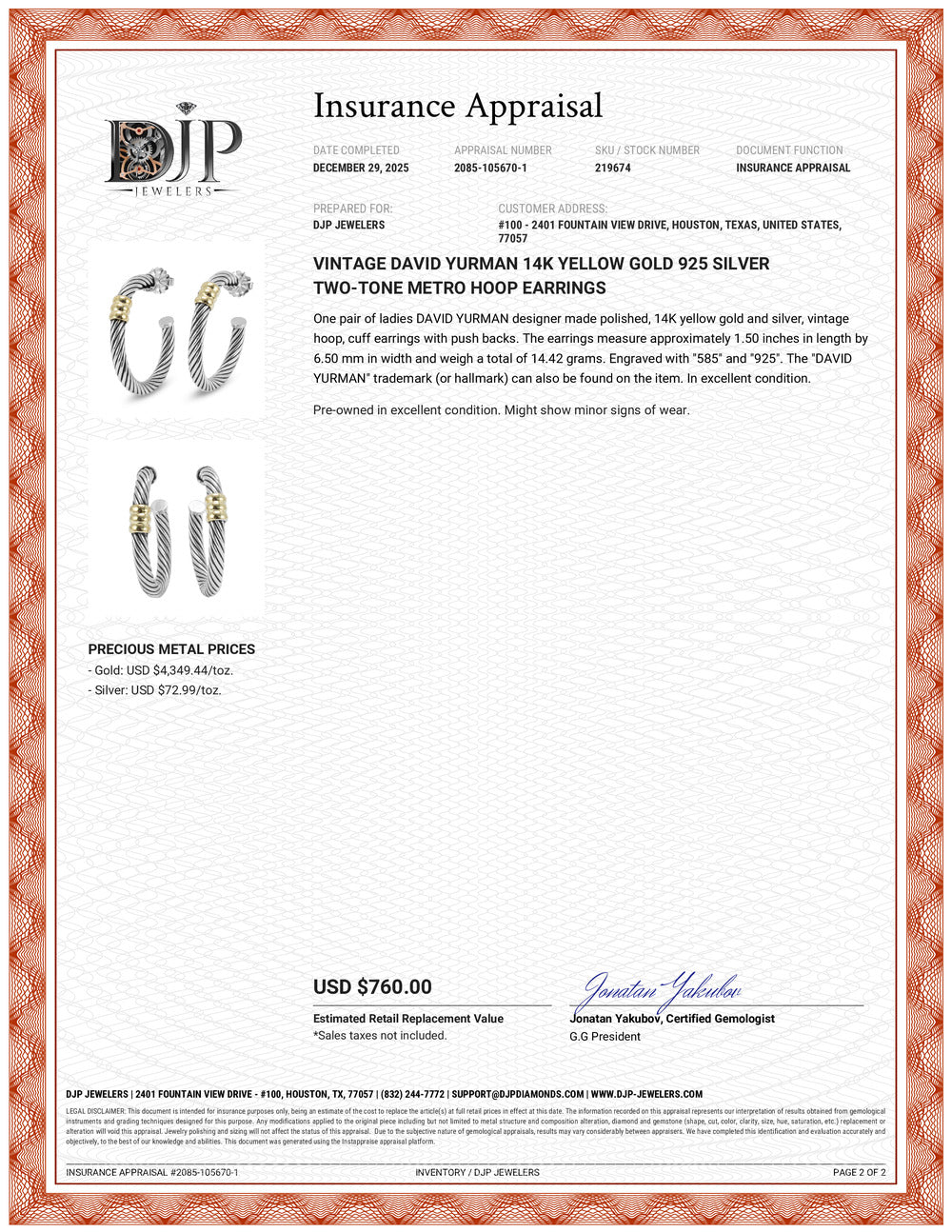 Vintage David Yurman 14K Yellow Gold 925 Silver Two-Tone Metro Hoop Earrings