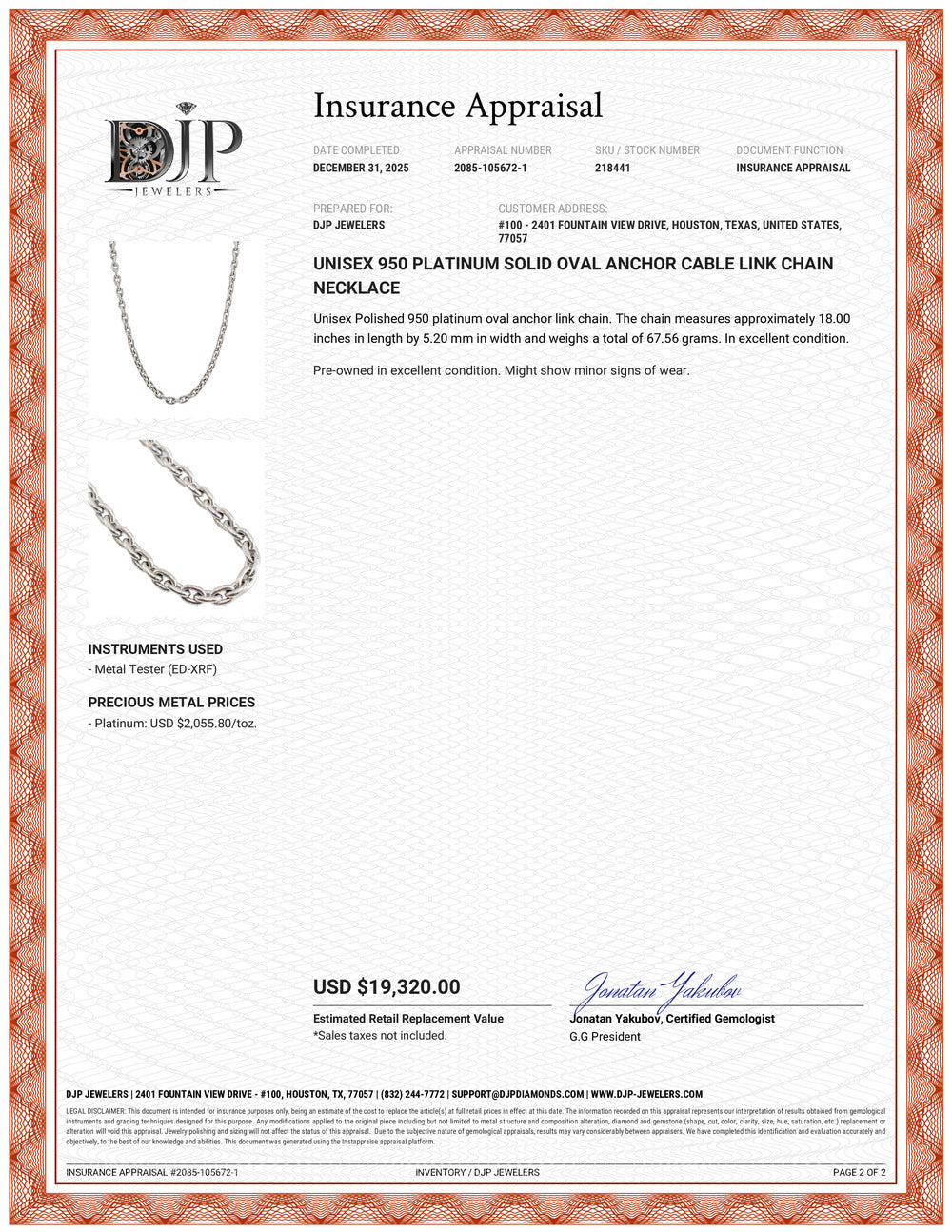 Unisex 950 Platinum Solid Oval Anchor Cable Link Chain Necklace