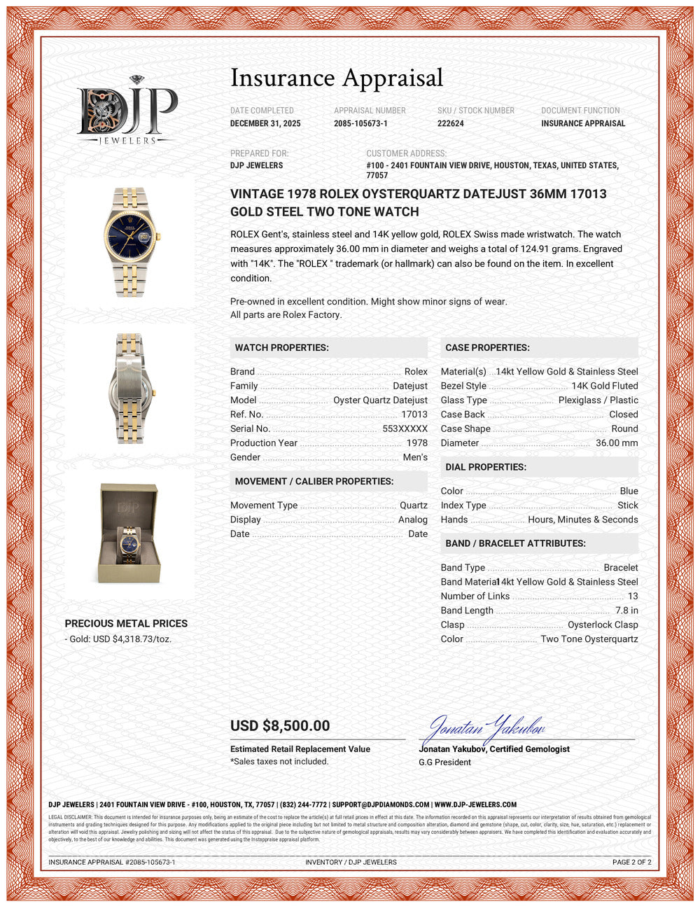 Vintage 1978 Rolex Oysterquartz Datejust 36MM 17013 Gold Steel Two Tone Watch