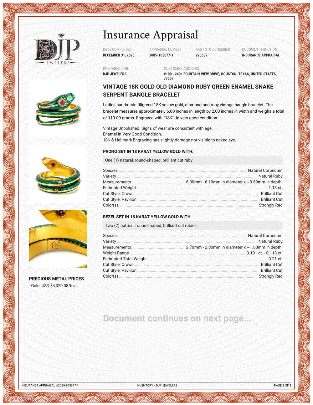 Vintage 18K Gold Old Diamond Ruby Green Enamel Snake Serpent Bangle Bracelet