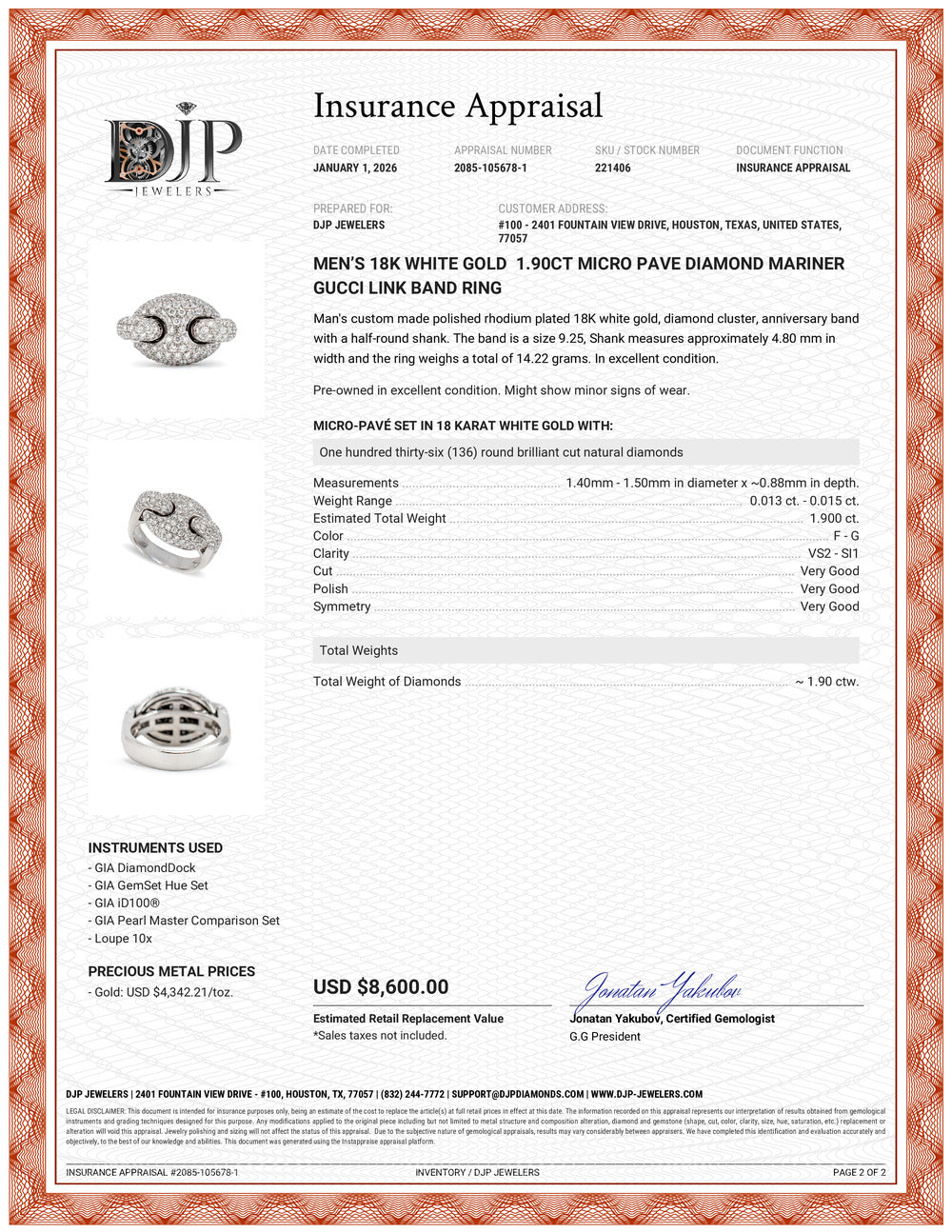 Men’s 18K White Gold 1.90ct Micro Pave Diamond Mariner Gucci Link Band Ring