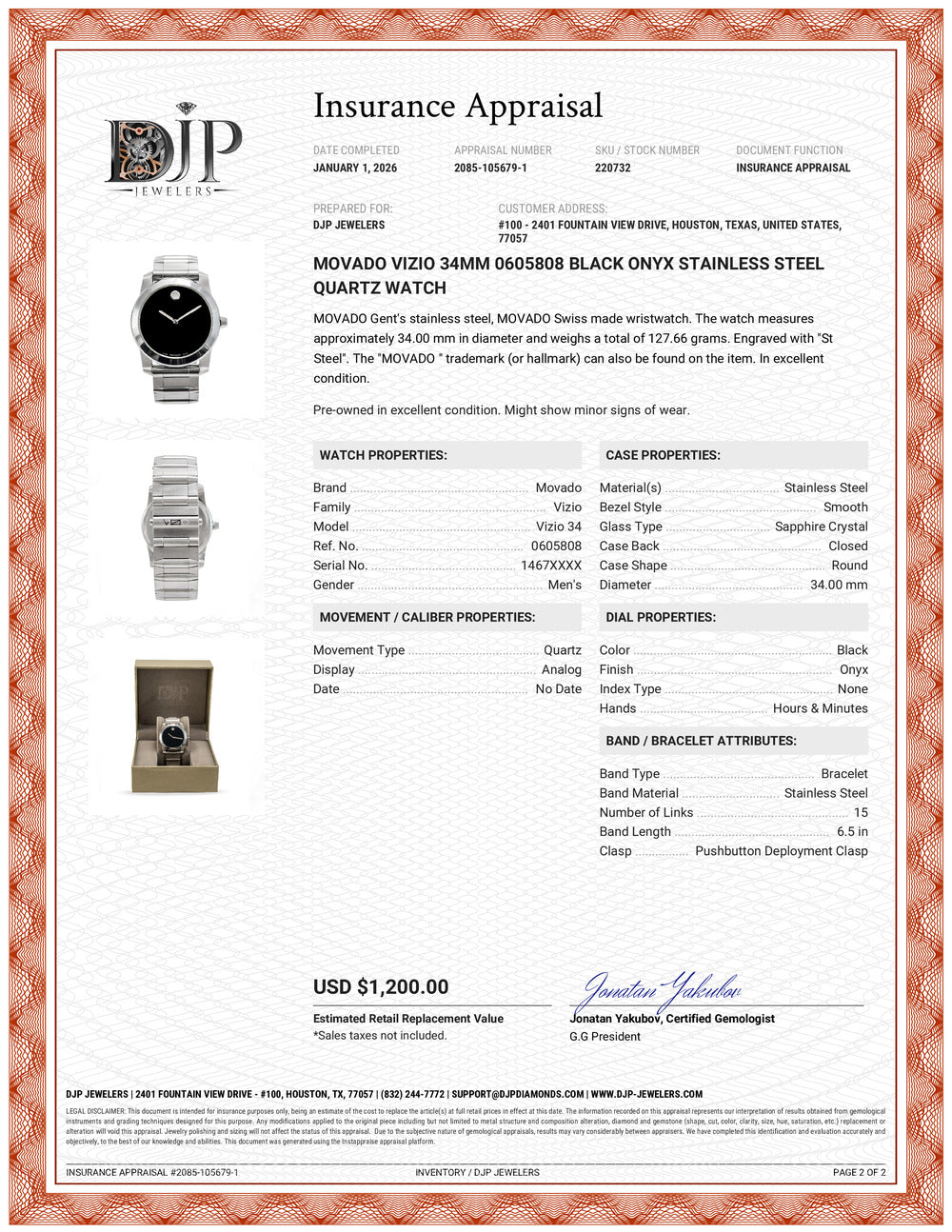 Movado Vizio 34MM 0605808 Black Onyx Stainless Steel Quartz Watch