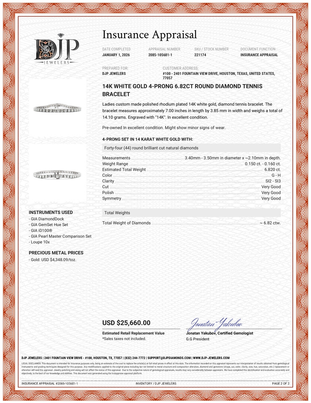 14K White Gold 4-Prong 6.82ct Round Diamond Tennis Bracelet