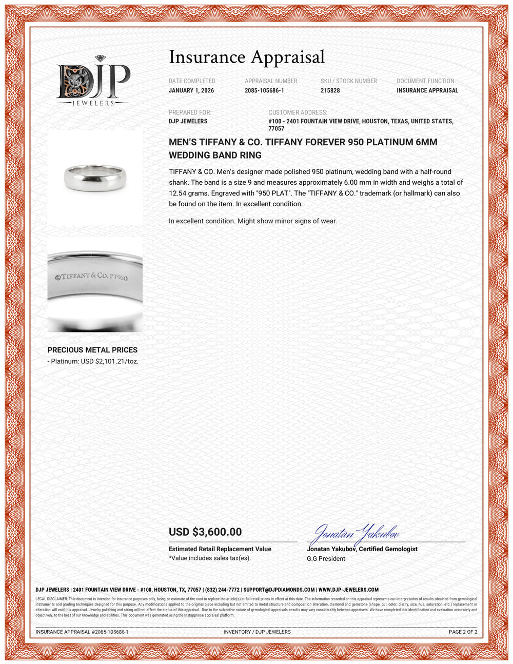 Men’s Tiffany & Co. Tiffany Forever 950 Platinum 6MM Wedding Band Ring