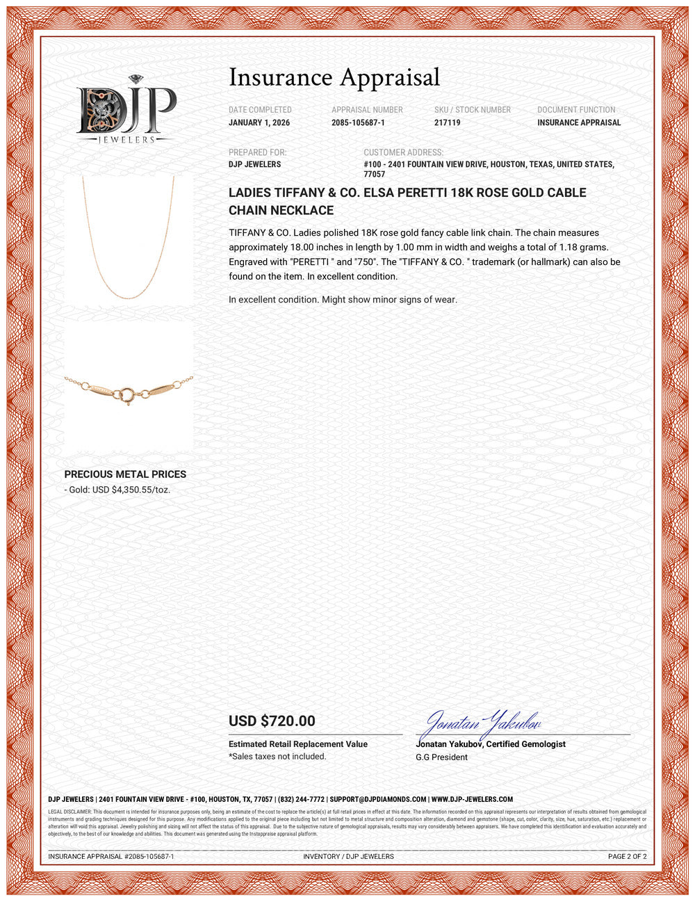 Ladies Tiffany & Co. Elsa Peretti 18K Rose Gold Cable Chain Necklace