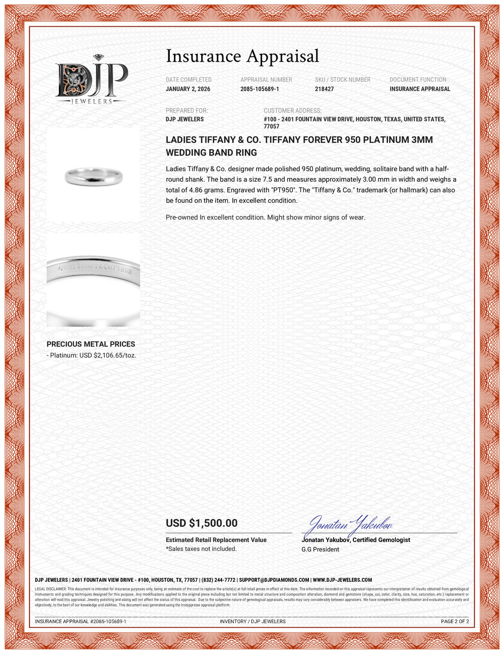 Ladies Tiffany & Co. Tiffany Forever 950 Platinum 3MM Wedding Band Ring