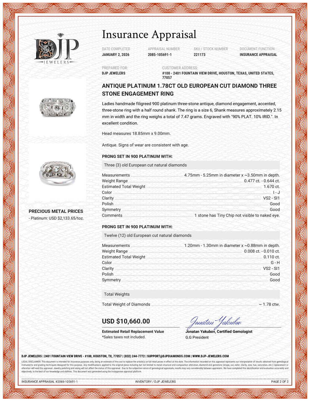Antique Platinum 1.78ct Old European Cut Diamond Three Stone Engagement Ring