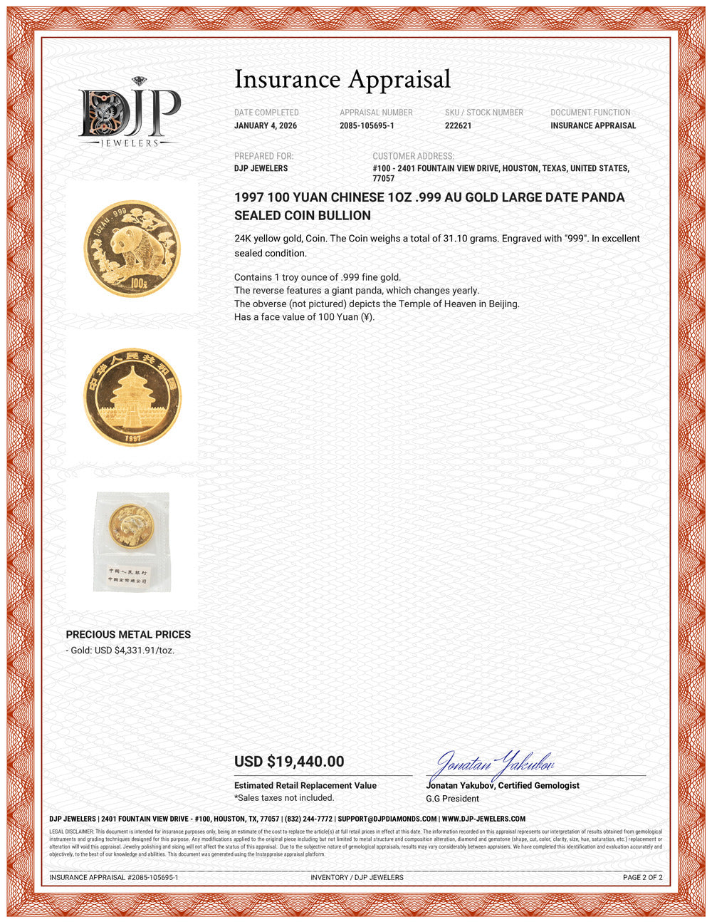 1997 100 Yuan Chinese 1OZ .999 AU Gold Large Date Panda Sealed Coin Bullion