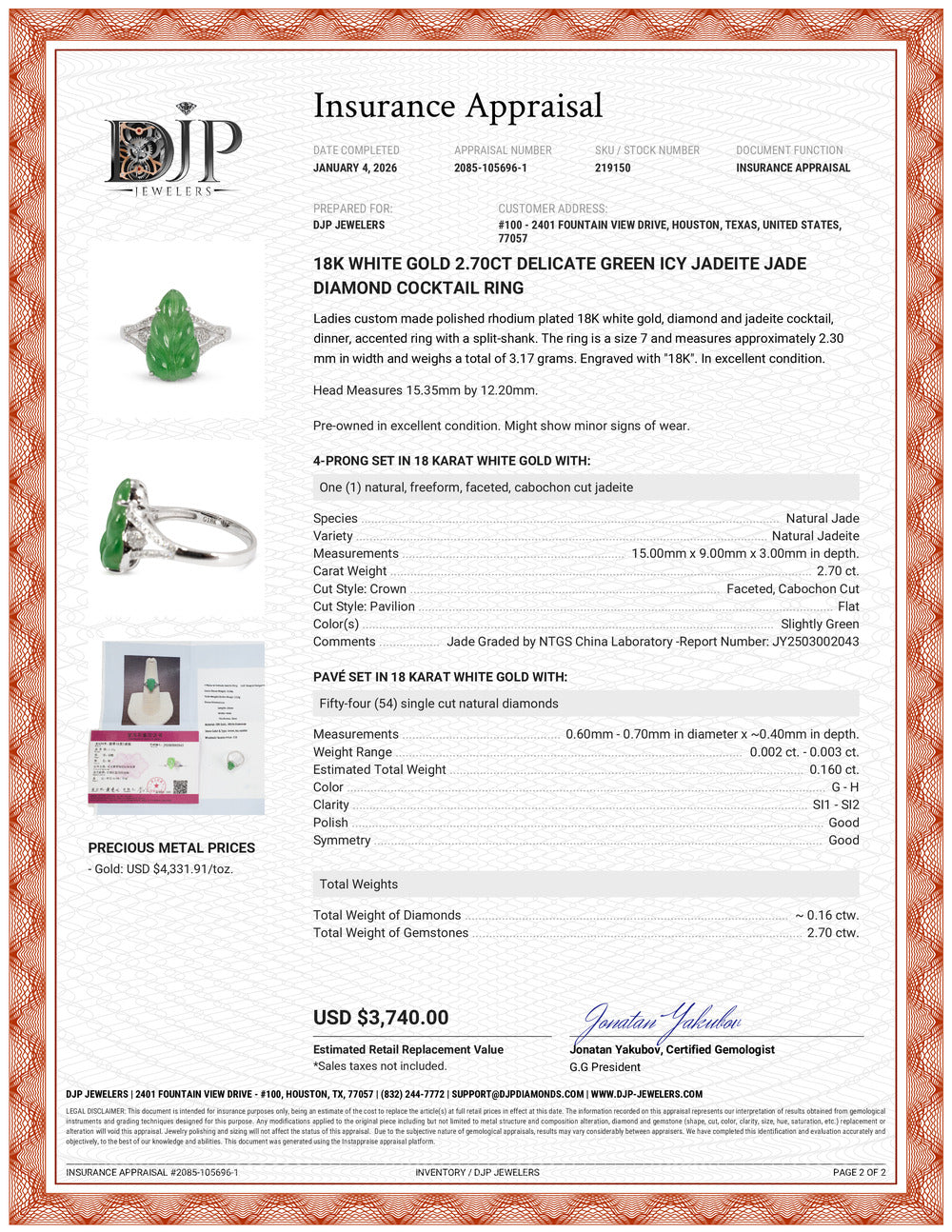 18K White Gold 2.70ct Delicate Green Icy Jadeite Jade Diamond Cocktail Ring