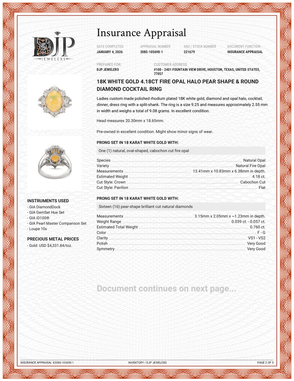 18K White Gold 4.18ct Fire Opal Halo Pear Shape & Round Diamond Cocktail Ring