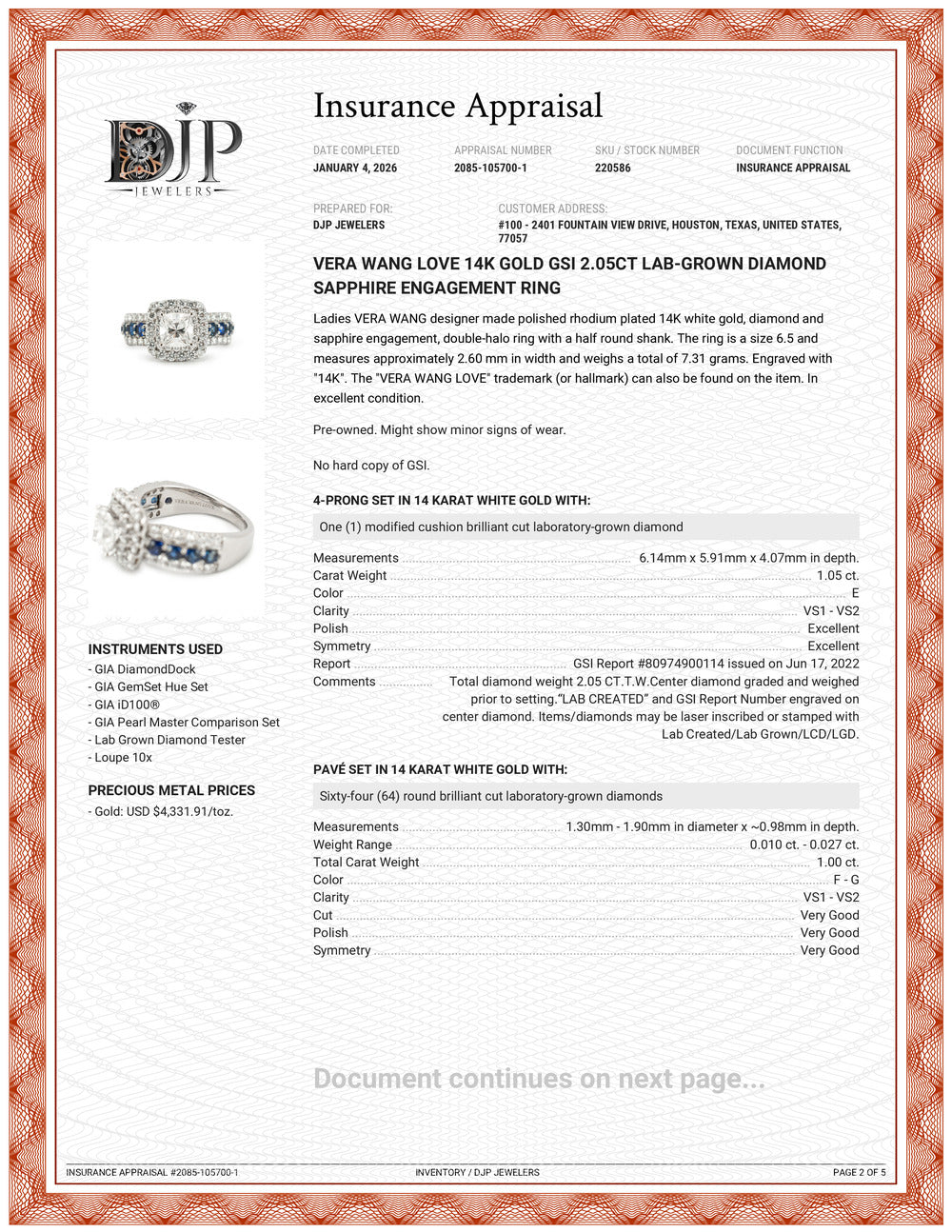 Vera Wang Love 14K Gold Gsi 2.05ct Lab-Grown Diamond Sapphire Engagement Ring