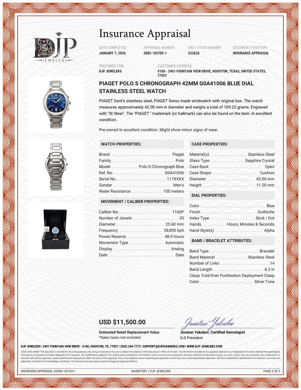 Piaget Polo S Chronograph 42MM g0a41006 Blue Dial Stainless Steel Watch