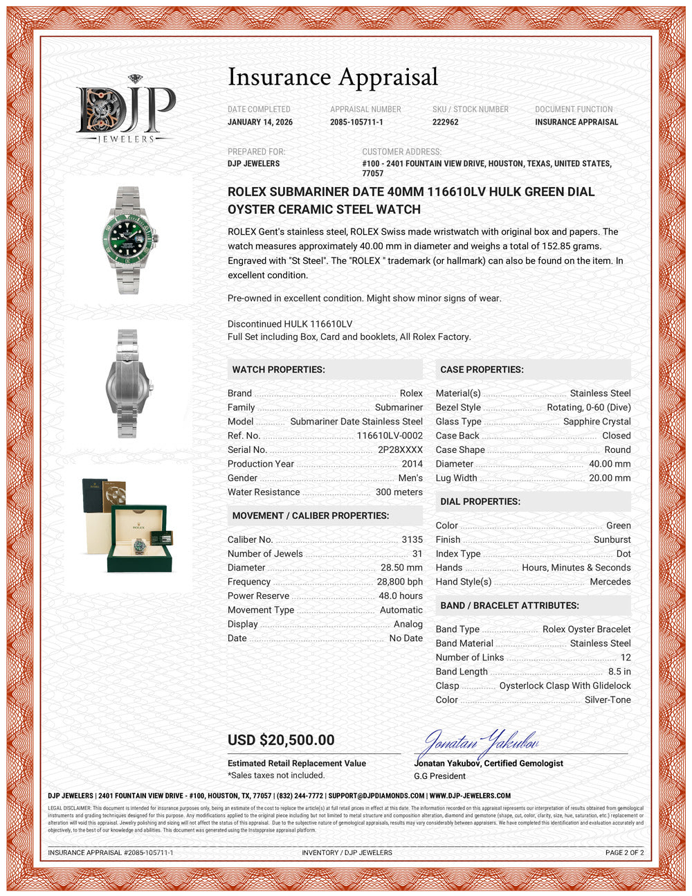 Rolex Submariner Date 40MM 116610LV Hulk Green Dial Oyster Ceramic Steel Watch