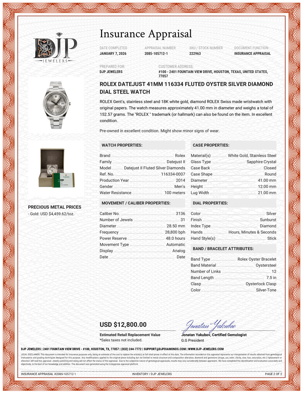 Rolex Datejust 41MM 116334 Fluted Oyster Silver Diamond Dial Steel Watch