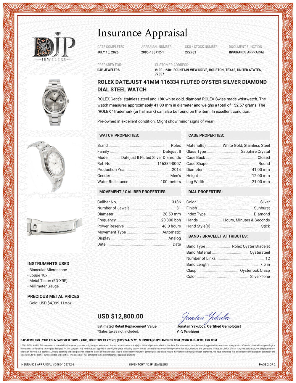 Rolex Datejust 41MM Fluted Oyster Silver Diamond Dial Steel Wrist Watch